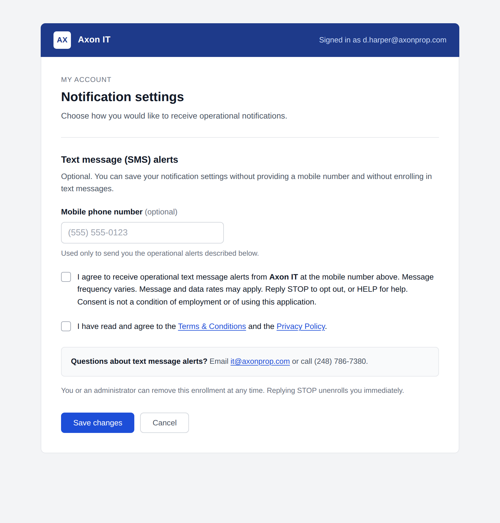 Notification settings screen showing an optional mobile phone number field, a separate unchecked SMS consent checkbox naming Axon IT, and a separate checkbox acknowledging the Terms and Conditions and Privacy Policy.